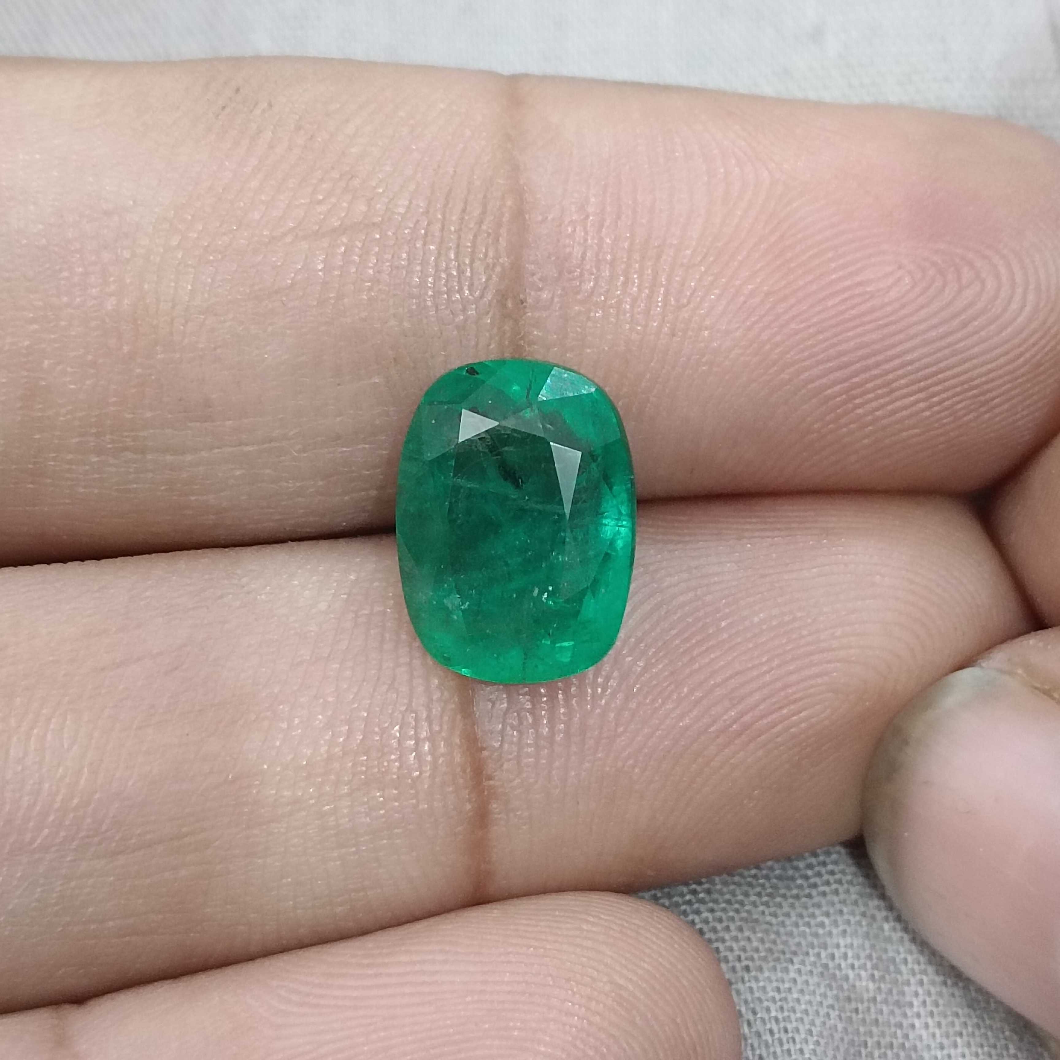 5.49ct GSI certified alpine green cushion shape emerald gemstone