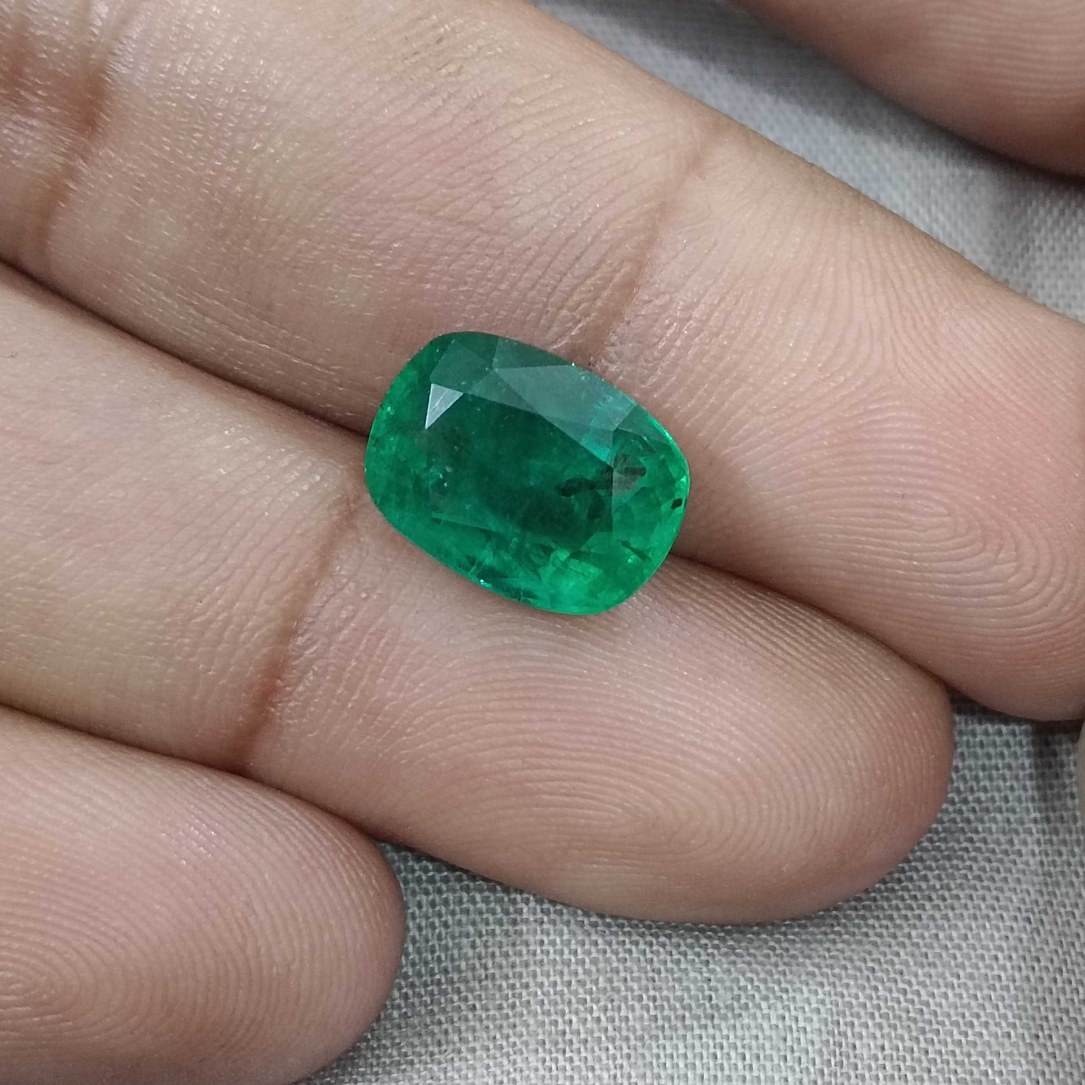 5.49ct GSI certified alpine green cushion shape emerald gemstone