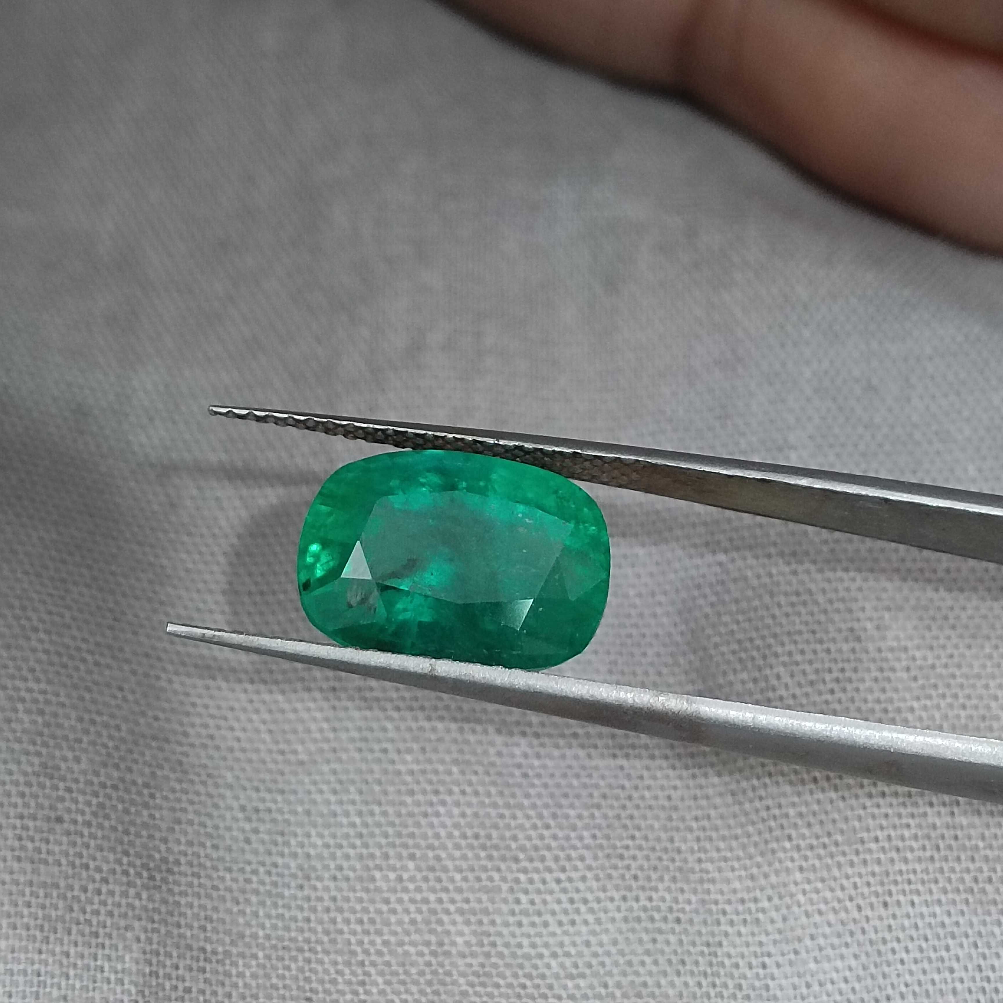 5.49ct GSI certified alpine green cushion shape emerald gemstone